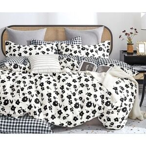 Hepburn Black White Floral Gingham Plaid Cotton Reversible Comforter Sheet Set